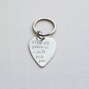 25th anniversary sterling silver guitar pick keychain