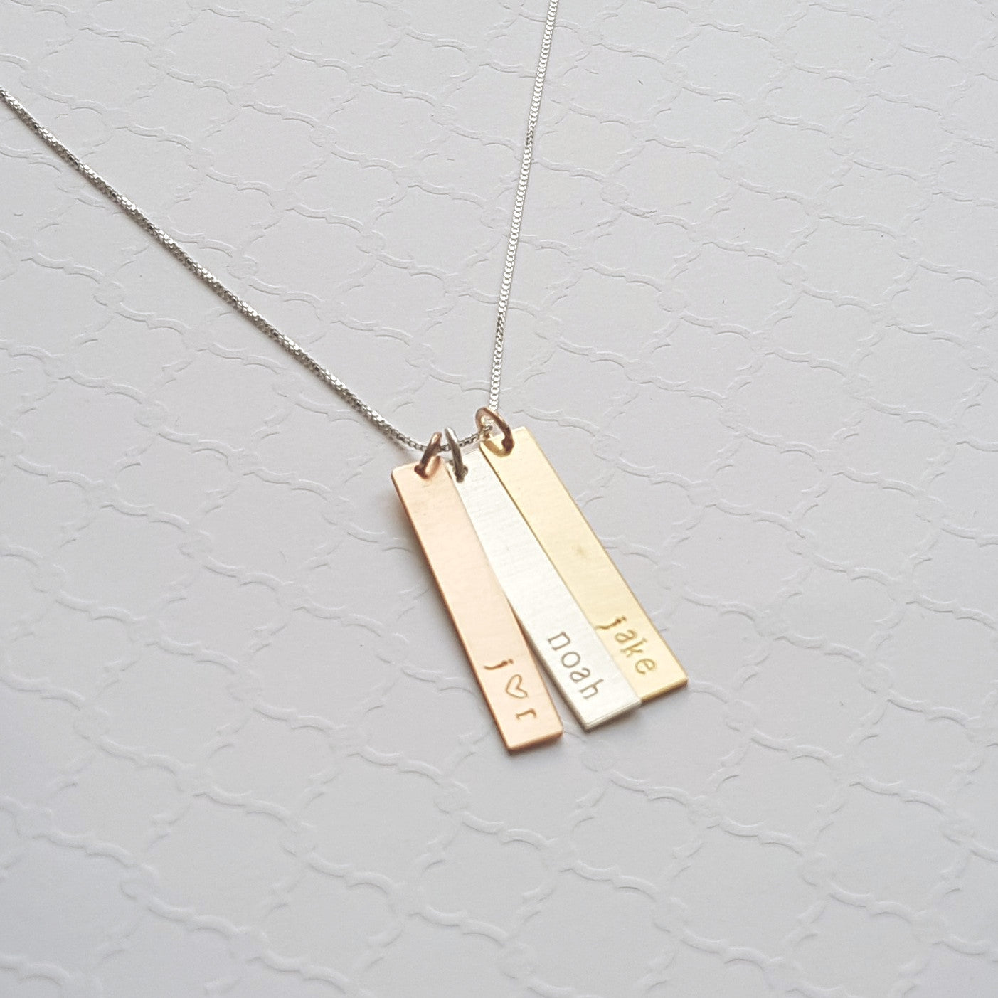 mom necklace with vertical kids' name bars in sterling silver, rose and yellow gold