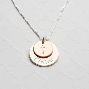 sterling silver and rose gold name necklace with cross