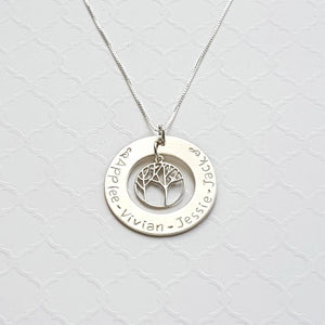 sterling silver mom's large washer necklace with kids' names and tree of life charm