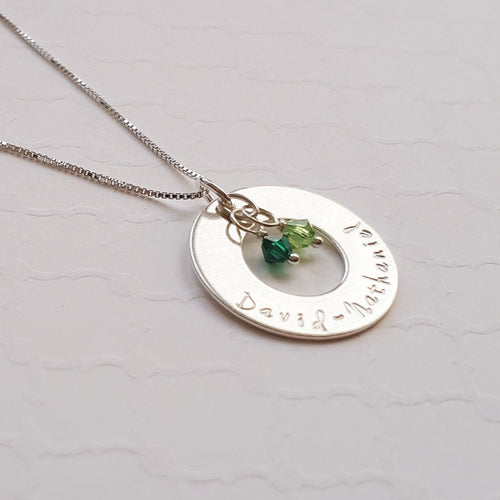 sterling silver mom washer necklace with kids' names and birthstones