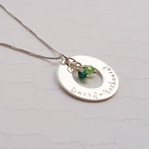 sterling silver mom washer necklace with kids' names and birthstones