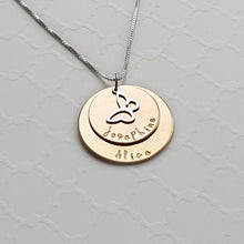 Load image into Gallery viewer, yellow and rose gold mixed metal mom necklace with kids&#39; names and butterfly charm