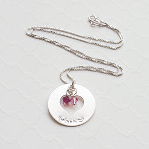 sterling silver mom heart washer necklace with daughters' birthstones