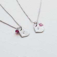 Load image into Gallery viewer, two daughter sterling silver heart necklaces with initials and birthstones