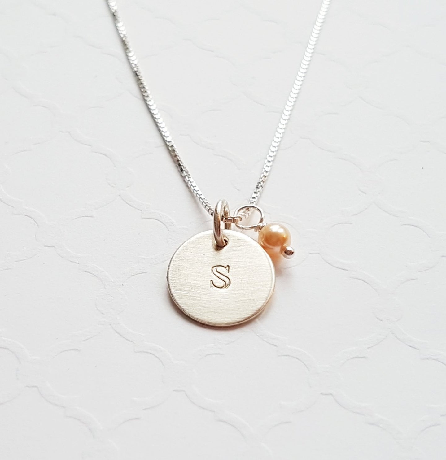 sterling silver tiny disc initial necklace with freshwater pearl