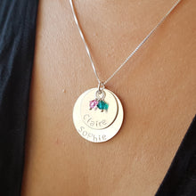 Load image into Gallery viewer, woman wearing sterling silver two-layer mom necklace with kids&#39; names and birthstones