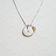 Load image into Gallery viewer, custom initial necklace with sterling silver disc and freshwater pearl