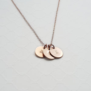 mom necklace for 3 kids with children's initials on tiny rose gold discs
