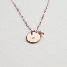 Load image into Gallery viewer, custom initial necklace with rose gold disc and freshwater pearl
