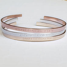 Load image into Gallery viewer, stack of cuff bracelets in sterling silver, rose gold and yellow gold