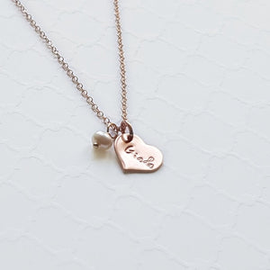 custom tiny heart name necklace in rose  gold with freshwater pearl