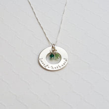 Load image into Gallery viewer, sterling silver mom washer necklace with kids&#39; names and birthstones