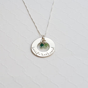 sterling silver mom washer necklace with kids' names and birthstones