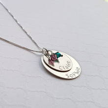 Load image into Gallery viewer, sterling silver two-layer mom necklace with kids&#39; names and birthstones