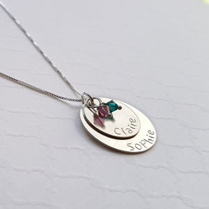 sterling silver two-layer mom necklace with kids' names and birthstones