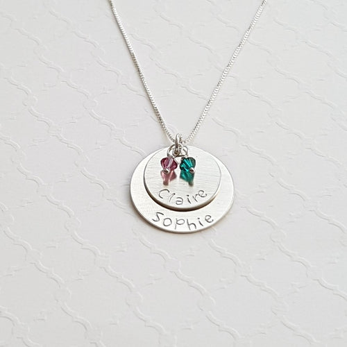 sterling silver two-layer mom necklace with kids' names and birthstones