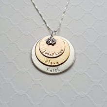 Load image into Gallery viewer, sterling silver, yellow and rose gold three-layer mixed metal mom necklace with kids&#39; names and tree charm