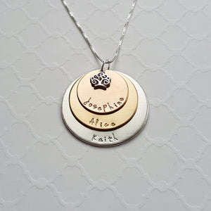 sterling silver, yellow and rose gold three-layer mixed metal mom necklace with kids' names and tree charm