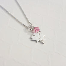 Load image into Gallery viewer, sterling silver maple leaf charm necklace stamped with tiny heart with swarovski birthstone