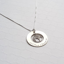 Load image into Gallery viewer, sterling silver mom&#39;s large washer necklace with kids&#39; names and tree of life charm