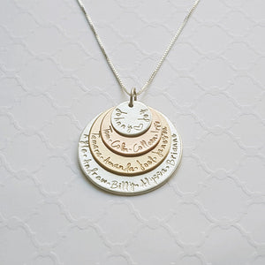 sterling silver, yellow and rose gold mixed metal four-layer grandma necklace with grandchildren's names