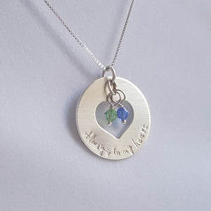 sterling silver grandma heart washer necklace with grandchildren's birthstones