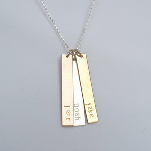 mom necklace with vertical kids' name bars in sterling silver, rose and yellow gold