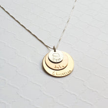 Load image into Gallery viewer, sterling silver, yellow and rose gold mixed metal three-layer mom necklace with kids&#39; names