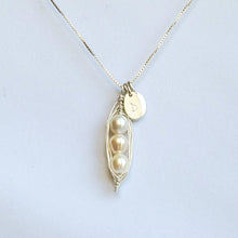 Load image into Gallery viewer, Wire-wrapped sterling silver pea pod necklace with freshwater pearls and initial charms