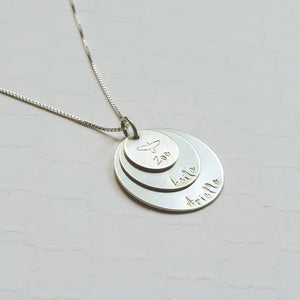 three-layer sterling silver mom necklace stamped with kids' names