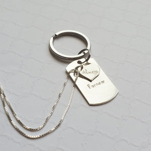 sterling dog tag keychain with heart cut-out on a sterling necklace reading "Always" and "Forever" for couples