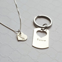 Load image into Gallery viewer, sterling dog tag keychain with heart cut-out on a sterling necklace reading &quot;Always&quot; and &quot;Forever&quot; for couples