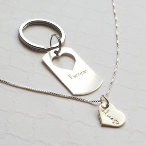 sterling dog tag keychain with heart cut-out on a sterling necklace reading "Always" and "Forever" for couples