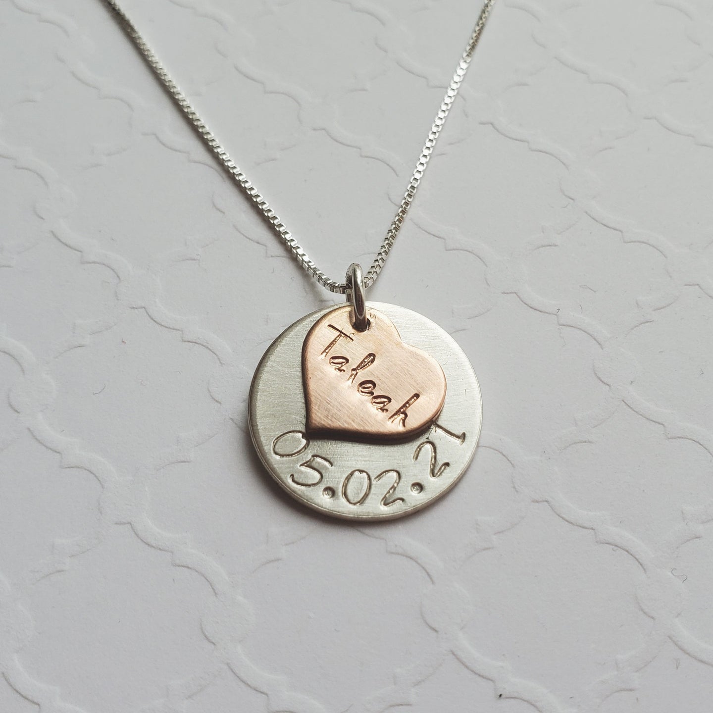 custom mom necklace with rose gold baby's name heart and sterling birthdate disc