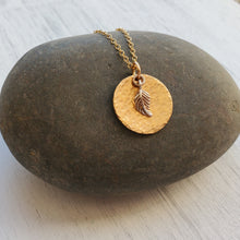 Load image into Gallery viewer, hammered yellow gold necklace with sterling silver leaf charm