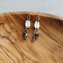 Load image into Gallery viewer, sterling silver hook earrings with a stamped heart disc and two Swarovski birthstones