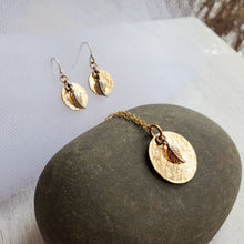 Load image into Gallery viewer, hammered yellow gold necklace with sterling silver leaf charm and matching earrings