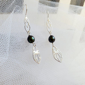 silver dragonfly wing earrings with black peacock freshwater pearls