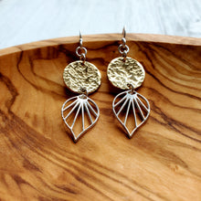 Load image into Gallery viewer, hook earrings with yellow gold discs and silver palm leaves
