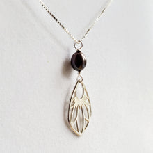 Load image into Gallery viewer, silver dragonfly wing necklace with black peacock freshwater pearls