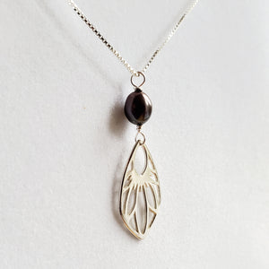 silver dragonfly wing necklace with black peacock freshwater pearls