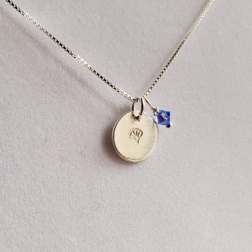 Sterling tiny disc necklace with September birth flower and birthstone