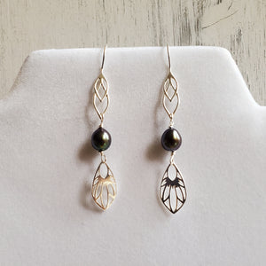 silver dragonfly wing earrings with black peacock freshwater pearls