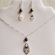 Load image into Gallery viewer, silver dragonfly wing necklace and earrings with black peacock freshwater pearls