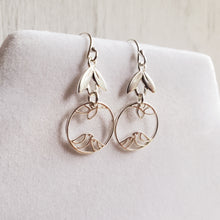 Load image into Gallery viewer, silver hook earrings with laurel leaves and a mama and baby bird
