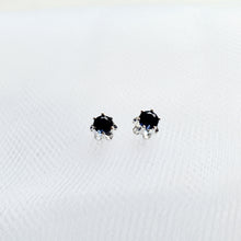 Load image into Gallery viewer, sterling silver buttercup setting stud birthstone earrings with blue sapphires