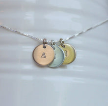 Load image into Gallery viewer, custom necklace with tiny stamped initial discs in sterling silver, rose and yellow gold