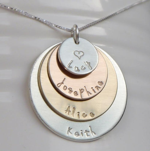 sterling silver, yellow and rose gold mixed metal four-layer mom necklace with kids' names