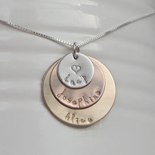 Load image into Gallery viewer, sterling silver, yellow and rose gold mixed metal three-layer mom necklace with kids&#39; names